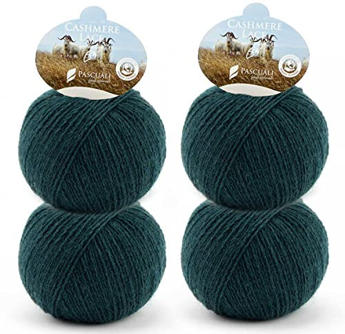 PASCUALI | Bio Cashmere Lace. Strickwolle aus 100% Kaschmirwolle Wolle zum Stricken und Häkeln, SET: 4 Knäuel - 100g - Farbe: Seegrün 44