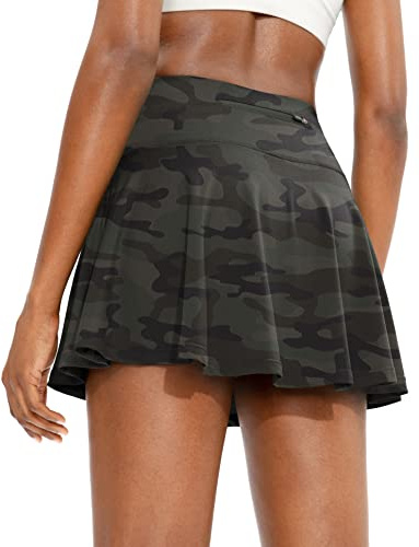 SANTINY, Gonna da tennis plissettata da donna, con 4 tasche e pantaloncini, a vita alta, sportiva, casual, adatta per golf e corsa, Verde mimetico, XL