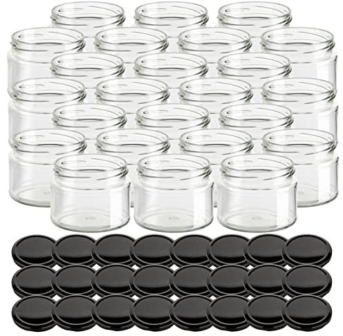 gouveo Juego de 24 frascos para salsa de 300 ml con tapas de rosca negras BS - Frascos de almacenamiento con tapas de rosca TO82 para mermelada, miel, salsas y especias (EGS300SZBS)