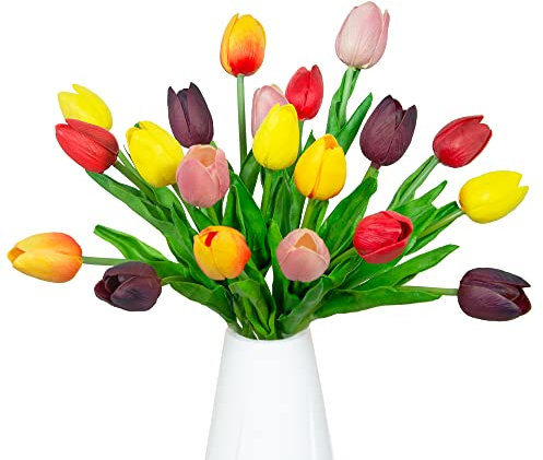 20 Stiele, mehrfarbige Blumen, PU, fühlt sich echt an, künstliche Tulpen, Blumenstrauß für Frühlingskranz, Hochzeit, Blumenstrauß, Festival, Party, Büro, Dekoration zum Selbermachen (5 Farben)