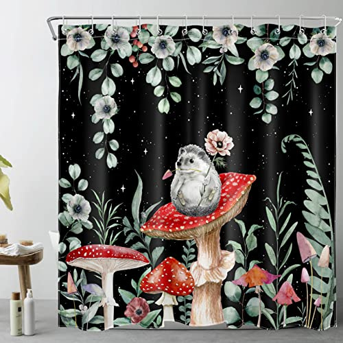 LB Grünes Eukalytusblatt Duschvorhang 180x200cm Niedlicher Igel auf rotem Pilz Antischimmel Wasserdicht Badezimmer Vorhänge, Schwarzer Himmel Extra Lange Polyester Stoff Bad Vorhang mit Haken