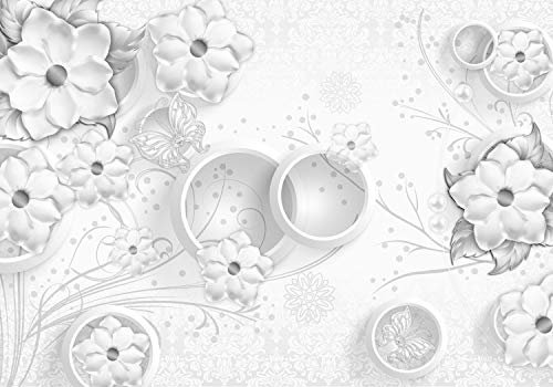 wandmotiv24 Fototapete Grau Blumen Ornamenten Perlen, 300 x 210 cm - selbstklebende Strukturtapete, Wanddeko, Wandbild, Wandtapete, 3D Kreise Schmetterlinge M5141