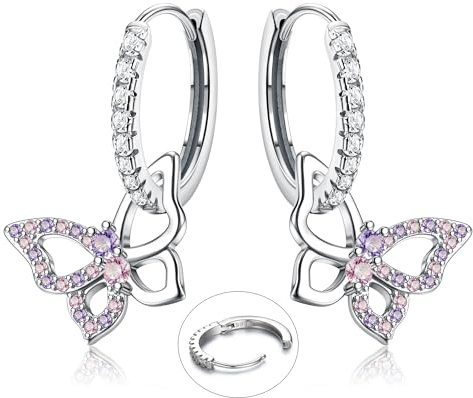 LOLIAS 925 Sterling Silver Stern Ohrringe Ohrhänger Baumeln für Damen Mädchen Bunte Funkelnde Schmetterlings Herz CZ Charme Kleine Tropfenohrringe Hypoallergene Silber Huggie Creolen