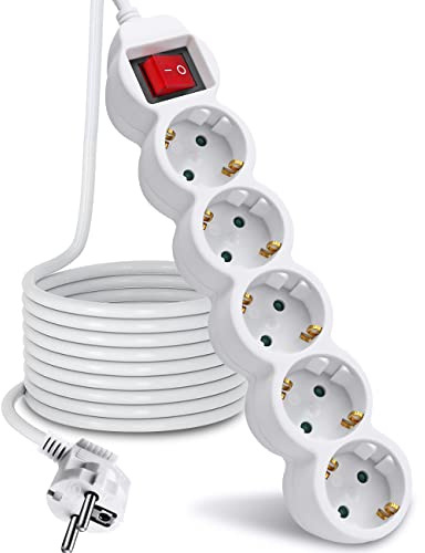 EXTRASTAR Regleta Alargador de 3 Metros con 5 Enchufes e Interruptor, para el hogar, Oficina y Viajes, Blanco 1Pc