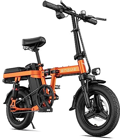 ENGWE T14 elcykel hopfällbar cykel, 14-tums stadscykel med LED-skärm, 48 V/10,2 Ah batteriräckvidd upp till 50 km, 25 km/h vikbar pedal med stötdämpare för tonåringar vuxna (Orange)