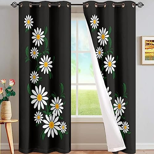 SJSXWQN Plant Curtains Black Chrysanthemum Eyelet Blackout Curtains Thermal Insulated Curtains for Bedroom, Noise Reduce Curtains for Living Room, Kitchen, Nursery, Office - (2 Panels, W66 x L90)