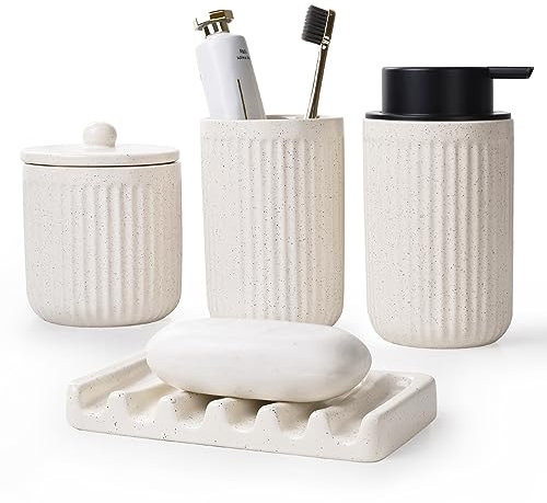 Badezimmer Set Beige UMLACA Bad Zubehör Keramik 4-Teiliges Enthält 350ml Seifenspender,Zahnputzbecher,Seifenschale,Wattestäbchen Behälter,Edle Badezimmer Deko