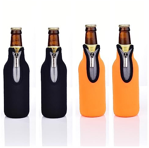 AF-WAN Funda para botellas de cerveza estándar de 330 ml, con cremallera, funda de neopreno engrosada antideslizante (4 unidades) (2 negros y 2 naranjas)