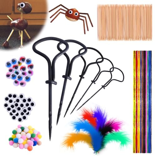 Fosoloni Juego de 255 brocas de mano para castañas, para niños, castañas, para niños, con taladro manual, palillo de dientes, plumas, limpiadores de pipa, pompones, ojos para manualidades con material