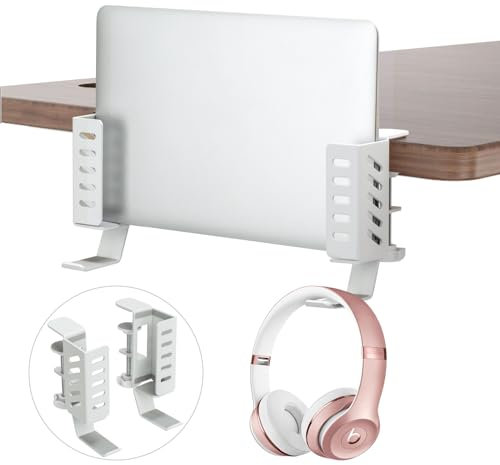 FEIKU No Drill Desk Side Laptop Mount,Hanging Laptop Holder for Office and Home，Clamp on Desk Side Storage Organizer for Laptops/MacBook/Book/Keyboards/Headphone/Gamepad/Backpack White