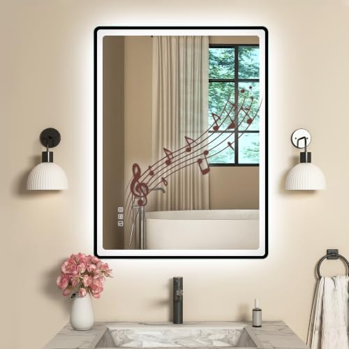 STARLEAD 600x800 mm Bluetooth-Bathroom-Mirror-with-LED-Lights, Black Edge | Anti-fog, 3 Colours Dimmable, Memory Function, IP44, Tempered Glass, Wall-Mounted, Horizontal/Vertical