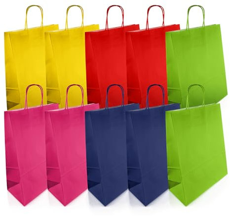 Netuno 10 Tragetaschen Papier mehrfarbig 25 x 11 x 32 cm Kraftpapier Tüten mit Henkel farbig Geschenkbeutel Geschenktaschen Papiertaschen Papiertragetaschen Geschenktüten Mix paper bags with handles