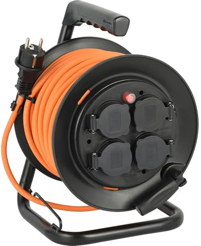 Electraline 49239 IP44 Kabeltrommel 25m outdoor Spezialkabel AT-N05V3V3-F 3G1.5, einsetzbar bis -35 °C, ölund UV-beständig und zudem extrem abriebfest mit 4 Schutzkontakt-Steckdosen