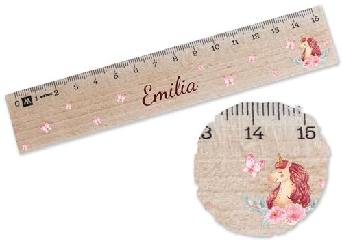 Holz Lineal 15cm - Einhörner - Einhorn Holzlineal für Mädchen | Personalisierbar mit Namen | Ideal für Grundschule - 15 cm - Holz - personalisierte geschenke einschulung 15 cm unicorn