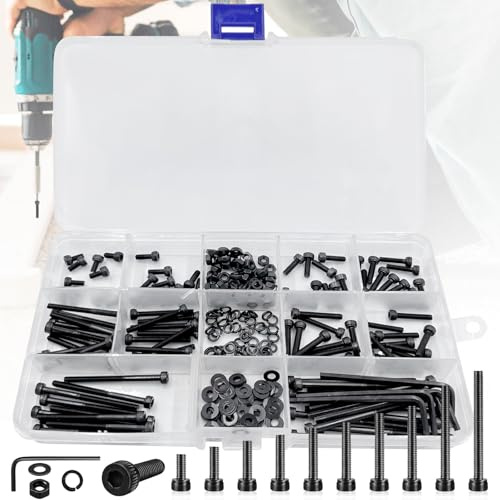 Weploda 250 Stück Zylinderschrauben Schwarz Set, M3 Schrauben Muttern Sortiment Set, dauerhaft Innensechskantschrauben, Schwarze Zylinderschrauben sind leicht zu tragen(Mit Schraubenschlüssel)