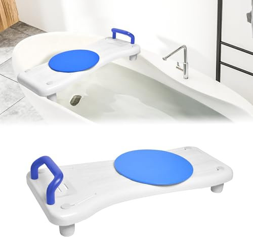 UISEBRT Planche de bain avec plaque tournante, siège de baignoire pour personnes âgées, siège de baignoire avec poignée et porte-savon, longueur 70 cm, blanc et bleu