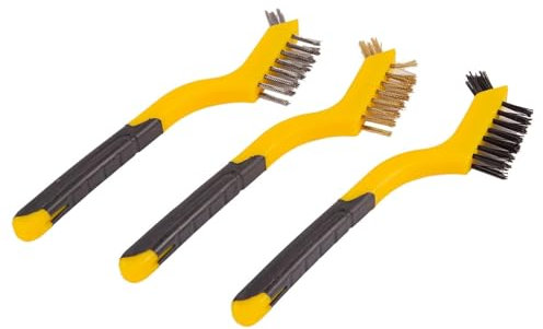 3 mini raspadores de cepillo de alambre originales (latón, acero inoxidable y cerdas de nailon) para usos múltiples con agarres suaves estriados personalizados para un control completo