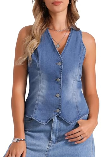 Gilet en Jean pour Femme Blouson sans Manches et Col en V | Veste en Denim Boutonné Décontractée Vintage