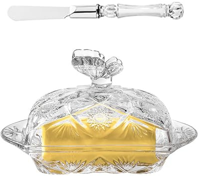 Plat de Beurre en Verre avec Couvercle, Home Relief Patché à Papillon en Verre Perme de Beurre Multifonctionnel, Boîte à Fromage à Gâteau Transparent avec Ensemble de Couteaux,