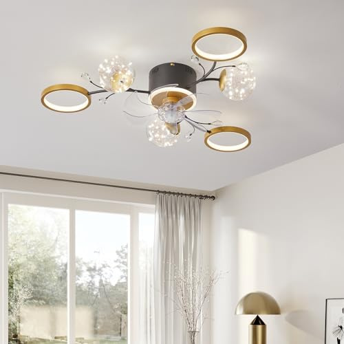 Depuley 37 Deckenventilator mit Licht, 6-Lichter Flush Mount Deckenventilator mit Gold Ring und Clear Glass Globe Shade, Fandelier Fan Decke mit Fernbedienung für Wohn-, 6 Geschwindigkeiten, Timing