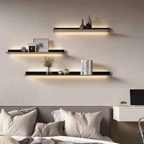 Schwebenden Regalen, Metall Wand montiert schwebende Regale mit Led-Leuchten, hängende Display-Regal für Wohnzimmer Küche Bad, Built-in beleuchtete Led-Licht Display Regal, 2pcs(Black,120*20*6cm)