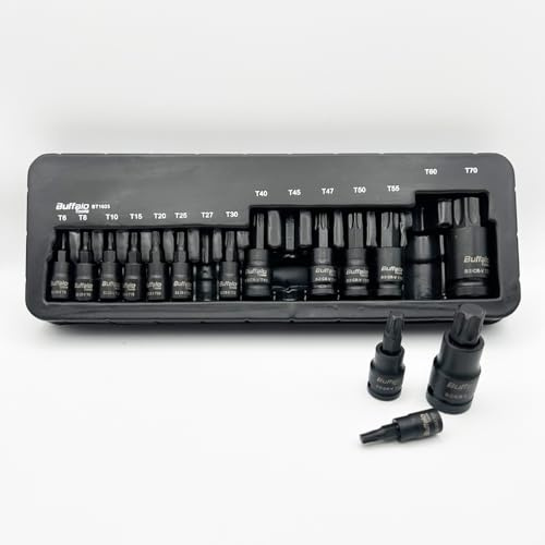 Buffalo Tools Juego de 15 llaves de vaso Torx Star T6-T70, acero al vanadio duradero, acabado resistente a la corrosión, juego de herramientas con bandeja de almacenamiento TRX-Star 1/4, 3/8, 1/2