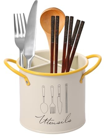 Ghshanog Soporte para utensilios de cocina, soporte de metal para cubiertos para encimera con asa, 12 x 12,5 cm con 4 compartimentos extraíbles, recipiente para utensilios de cocina (estilo 1)
