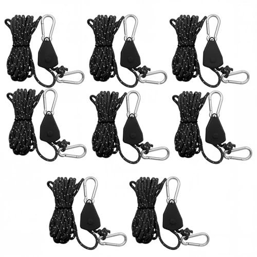 FUNSUEI Lot de 8 tendeurs réfléchissants avec tendeur de câble de 4 mm, 4 m de long, noir, à cliquet avec crochet, corde à cliquet avec mousqueton pour le camping