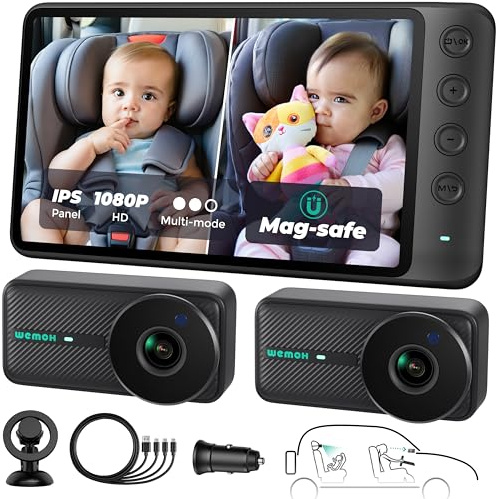 WEMOH Magnetisk dubbel babybilkamera för två barn, 1080P IPS-skärm med magnetiskt fäste, 3 lägen (zoom/spegel/delning), automatisk mörkerseende, USB-driven bilkamera för baby bakåtvänd (2 kameror)