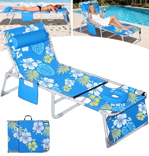 LanBlu Sonnenliege Klappbar mit Gesichtsöffnung, 3-in-1 Strandliege Klappbar Leicht Gartenliege mit Kissen&Seitentasche, 5-Fach Verstellbarer Rückenlehne Dreibeinliege Liegestuhl Strand Campingliege