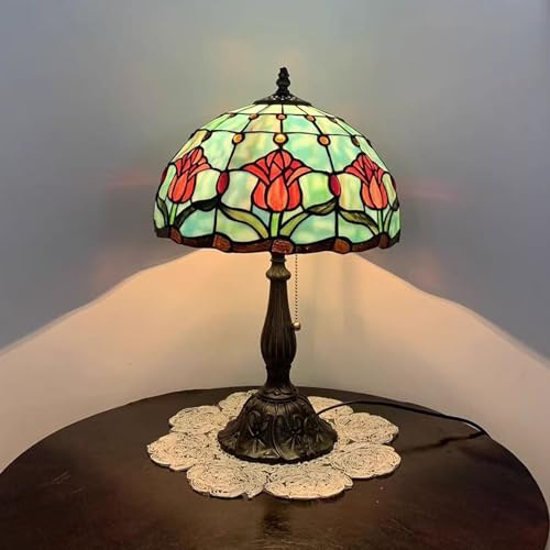 Fiunkes Lampada da Tavolo Vintage barocca con Motivo Floreale a Tulipano Rosso e Rosa, con Interruttore a Catena, Lampada da Comodino in Vetro colorato Verde da 12 Pollici per Camera da Letto,Tulip