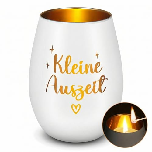 Xuniea Kleine Auszeit Geschenk für Frauen Kollegin Entspannung Geschenk für Damen Windlicht mit Gravur Kerzenhalter aus Glas Erinnerung Teelichtglas für Beste Freundin Geburtstag
