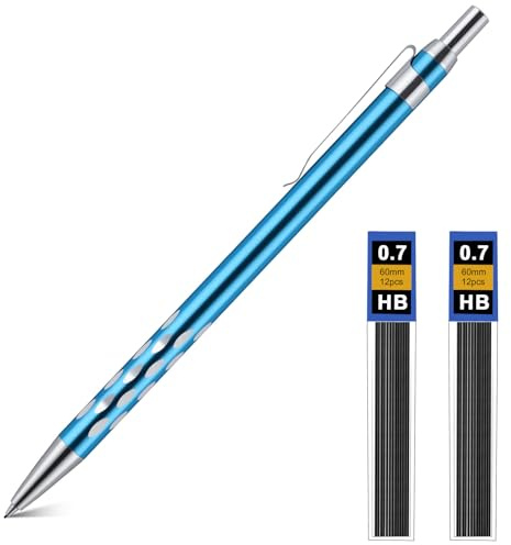 AOOSU Metallpenna, professionell 0,7 mm mekanisk pennset med 2 st HB-penna för konstskrivning, teckning, skiss och prickig mörkblå