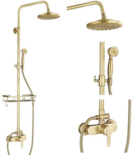 Llffssdg Columna Ducha Latón Antiguo Retro Monomando Dorado Cepillado PVD | Sistema de Ducha Altura Regulable con Cabezal de Lluvia, Ducha de Mano y Ahorro de Agua | Instalación Fácil y Rápida