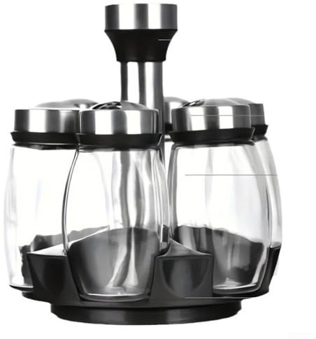 Portaspezie girevole con 6 contenitori in vetro senza piombo, 18 x 16 x 15 cm, carosello rotante per organizzare il piano di lavoro della cucina, supporto salvaspazio per conservare la freschezza