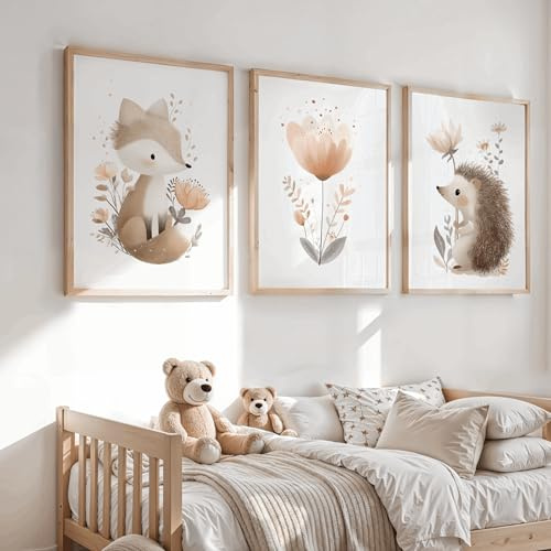 Generisch 3er Poster-Set fürs Babyzimmer A4 A3- Wandbilder Waldtiere - Bär, Fuchs, Igel, Hase & Co. - Bilder fürs Kinderzimmer (Beige - Fuchs & Igel, A4, Ungerahmt)