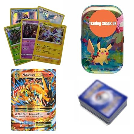 Ultimate Mini Tin Bundle - 50 Random Cards, Guaranteed 5 Holos + 1 Ultra Rare Shiny Card, Plus Trading Shack UK Card Compatible with Pokemon TCG