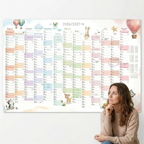 TOBJA Skolårskalender A1 2026/2027 djurvärld pastell – 13 månader aug 2026–aug 2027, semester/helgdagar DE & AT, 150 g, skrivbar, vikt | XL väggkalender 2026 2027