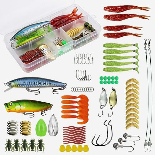Modurio Juego de 98 señuelos de pesca con caja de cebo – Wobbler, cebo mixto, peces de goma, spinner, VIB, cebo de superficie, popper, jigheads, ganchos y accesorios para pesca de agua dulce y salada