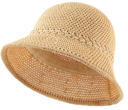 AYPOW Femme Crochet Été Chapeau de Soleil, Anti-UV Respirant Paille Bob Seau Chapeau à Large Bord, Léger Pliable Protection Solaire Causal Chapeaux de Pêcheur Casquettes Visière pour Adolescente Fille