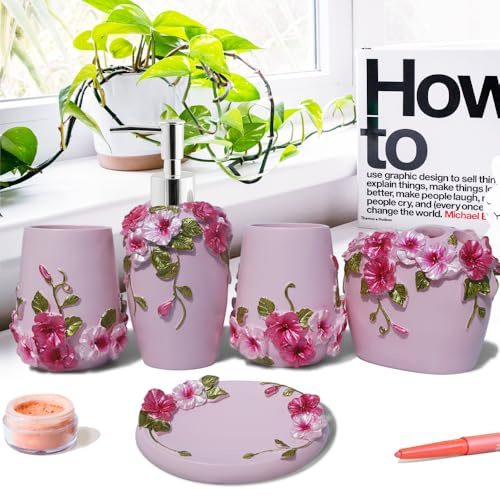 LUANT Accesorios de baño Rosa Vintage de 5 Piezas, dispensador de jabón, Soporte para Cepillo de Dientes, Vaso y jabonera, Juego de Regalo de baño
