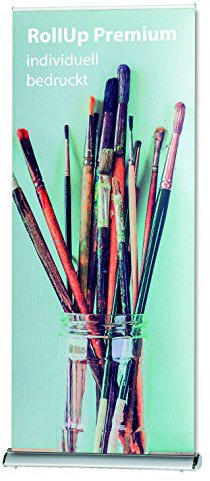 MultiBrands® Rollup Display Premium - JETZT SELBST GESTALTEN - mit eigenem Wunschmotiv, individuell Bedruckt, problemlos online editiert ohne Umwege, Farbe: Silber (85 x 200 cm)