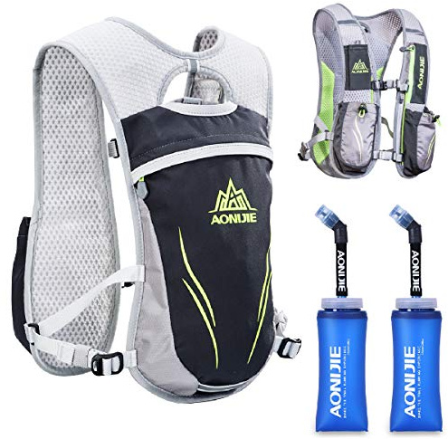 TRIWONDER 5,5 L spårväska återfuktande ryggsäck lättviktig för maraton vandring mountainbike löpning herr dam (grå - med 2 mjuka vattenflaskor (350 ml))