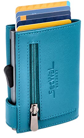 SecWal Kartenetui mit Münzfach Reißverschluss - Made in Germany - Echtleder Geldbörse inkl. E-Book für Damen und Herren - RFID Schutz Portemonnaie Leder - Geldbeutel klein (Türkis)