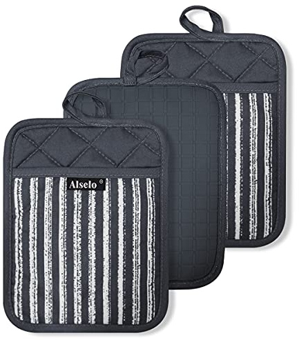 Alselo Silicone Pot Holders Set of 3 Heat Resistant & Non Slip Potholders, Professional Oven Hot Pads with Pockets Mitts for Kitchen Cooking Baking Barbecue