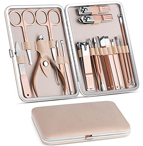 Akake Manikyrset, pedikyrkit, nagelklippare, professionellt skötselkit, nagelverktyg 18-i-1 med lyxigt resefodral för män och kvinnor 2021 uppgraderad version, roséguld