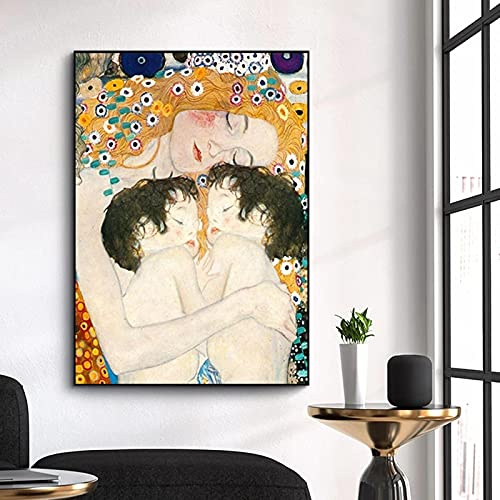 Berühmte Kunst Gustav Klimt Mutter schläft mit Zwillingen Baby Leinwand Gemälde Reproduktionen für Wandposter Dekorative Bilder 60 x 80 cm (24 x 31 Zoll) Rahmenlos