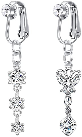 Crdifu 2pi¨¨ces Clip Sur Piercing Nombril Faux Non Perc¨¦ Anneau de Ventre Argent Papillon Pendentif Femme