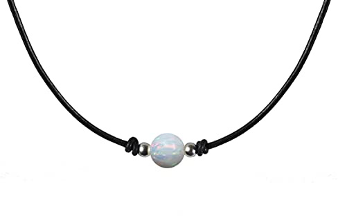 Edellis Hochwertiger runder Weißer Opal 8 mm mit Ziegenleder Damen-Kette und mit 925 Sterling Silber Kugeln und Verschluss