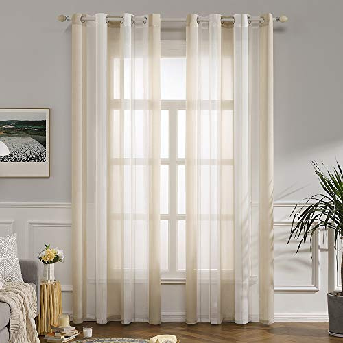 MIULEE Tende Voile a Righe Bianco e Beige con Anelli 2 Pezzi 140x280 cm | Voile semitrasparente a righe per soggiorno, camera da letto e piccole finestre.